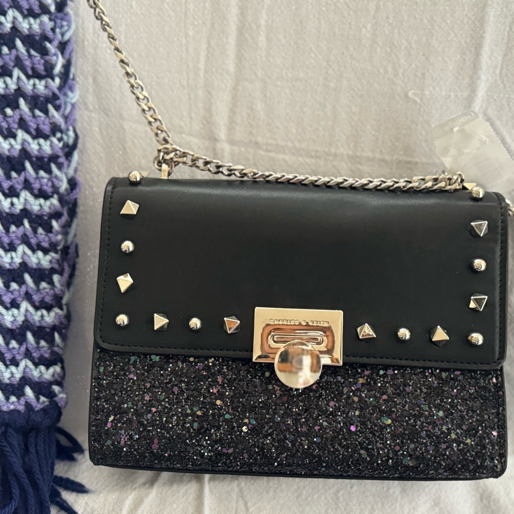 Charles & Keith Silver Handle Metallic Glitter Stone Black Shoulder Bag